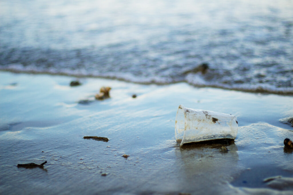 En smustig genomskinlig plastmugg ligger i vattenbrynet på en strand.